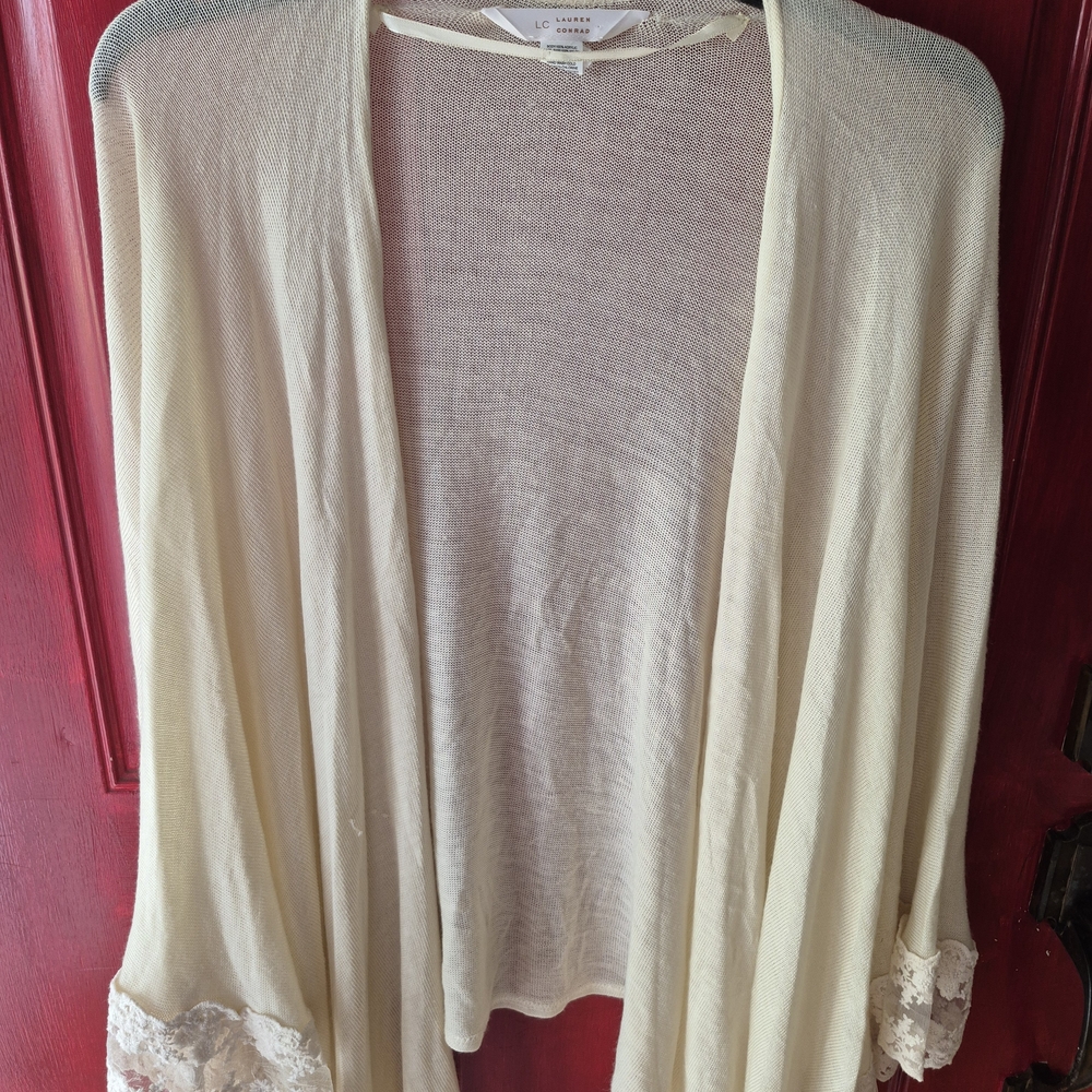 LC Lauren Conrad Cream Open-Front Cardigan with Lace Cuffs